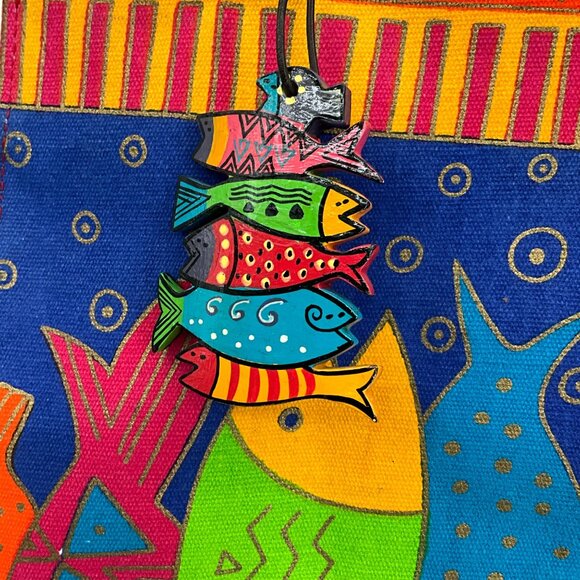 Laurel Burch Colorful Fish Canvas Tote Bag With Wooden Handles & Charm - Picture 5 of 9